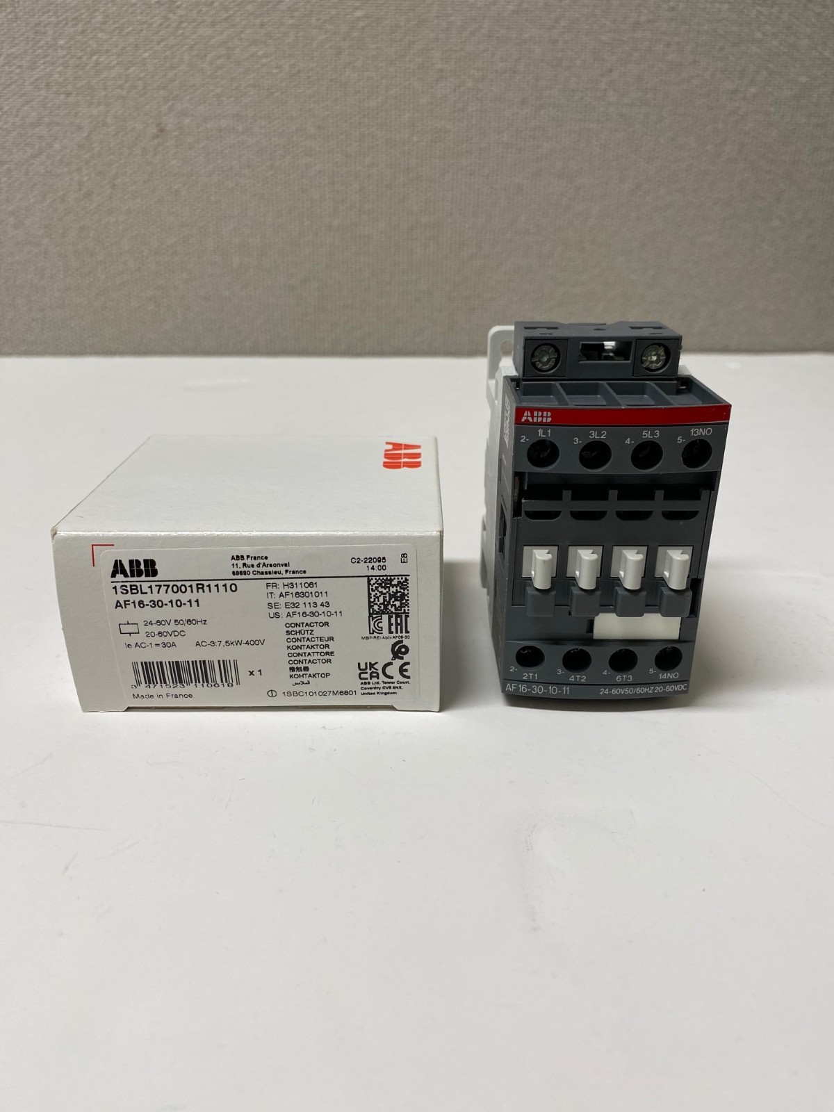 ABB AF16-30-10-11 30 AMP IEC Contactor, 24-60VDC Coil, 1 NO Aux Contact