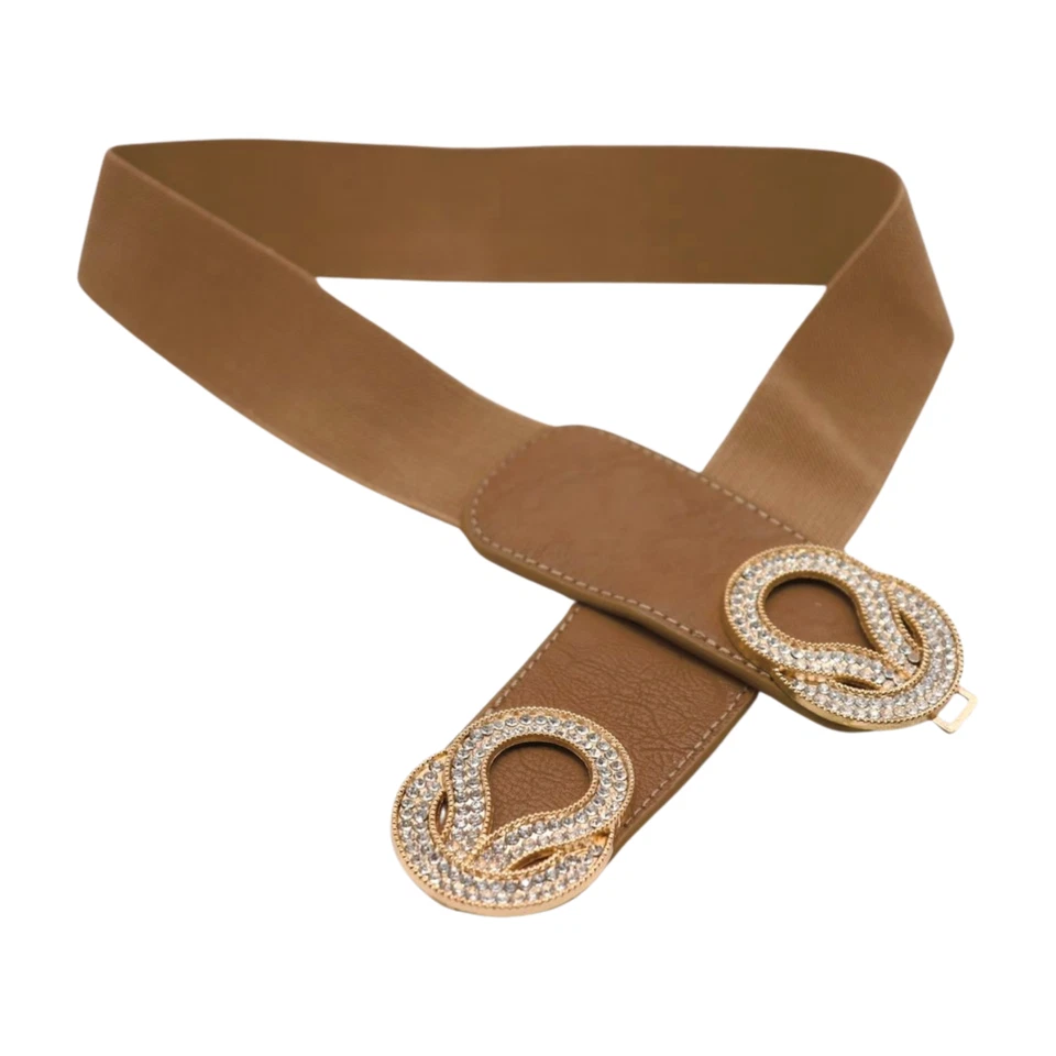 Women Taupe Color Elastic Band Fashion Dress Belt Gold Metal Knot Buckle Fit S M - Image 4 of 4