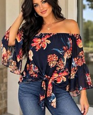 Floral Off-the-Shoulder Navy Blue Blouse with Bell Sleeves