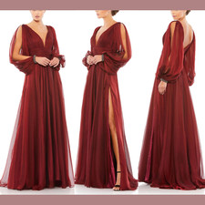 NEW $598 Mac Duggal [ 4 ] Chiffon Open Sleeve A-Line Gown Garnet Red #Q531