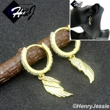 MEN WOMEN 925 STERLING SILVER ICY CZ WING GOLD PLATED DANGLE HOOP EARRING*GE272