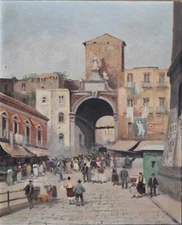 VINCENZO CANINO-Italian Realist-Original Signed Oil-Village Street Scene