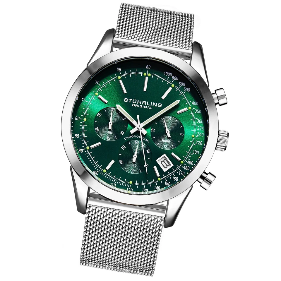 Stuhrling Men's Japan Quartz Chronograph Stainless Steel Mesh Band Watch 10 ATM - Image 3 of 3
