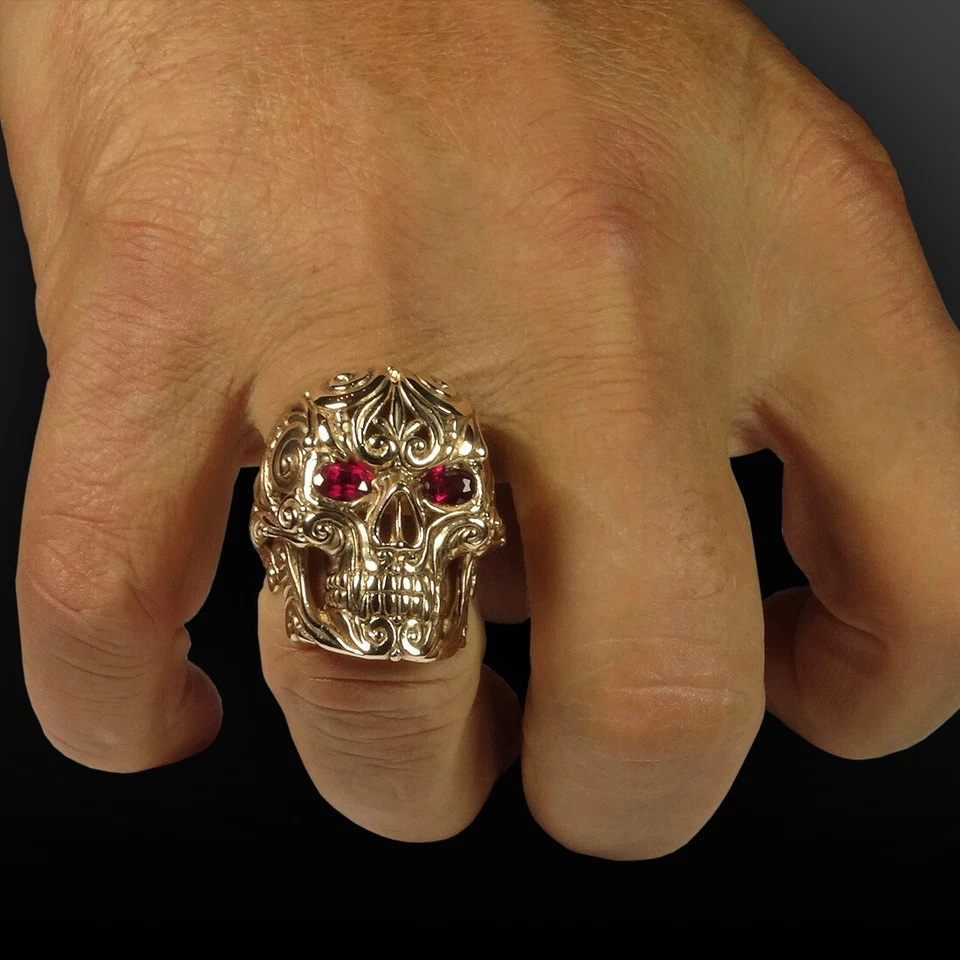 Anel mexicano Sugar Skull 925 prata esterlina folheado a ouro motociclista Memento Mori rubi - Imagem 3 de 4