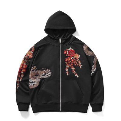 Mens Japanese Pattern Embroidery Dragon Zipper Hooded Jacket