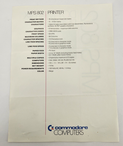 Commodore MPS802 Dot Matrix printer Sales Specifications sheet Vintage ad - Picture 2 of 8