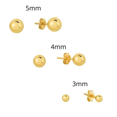 Set of 3! 14K Real Solid Gold Round Ball Bead Sleeper Studs Earrings Push-back