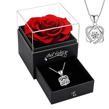 Valentines Day Gift Preserved Real Rose Eternal Heart Necklace Jewelry Set