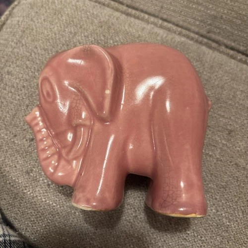 VINTAGE MCCOY PINK ELEPHANT CERAMIC GLAZED POTTERY PLANTER TRUNK UP 1950S