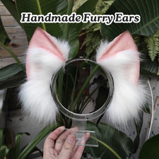 Handmade Faux Fur Pink White Humanoid Fox Ears Costume Headband Cosplay Hallowee