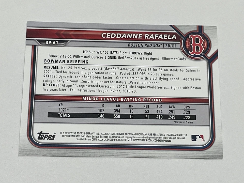 2022 Bowman Baseball Prospects - Ceddanne Rafaela - Boston Red Sox - Image 2 of 2