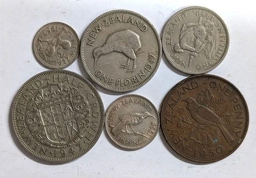 Coin collection of six New Zealand coins Lot Penny Florin Shilling etc (F8223)