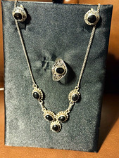 925 Sterling Silver Black Oval Onyx Jewellery Set Necklace Earrings Ring