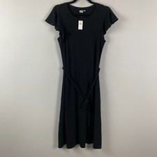 GAP Midi Flutter Sleeve Dress Size Medium Black Gray Stripe A-Line Tie Waist