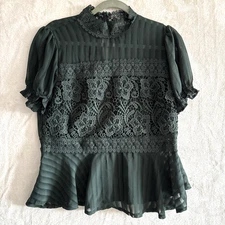 High Neck Lace Top Victorian Whimsigoth Dark Fairy Size L Green Keyhole Peplum