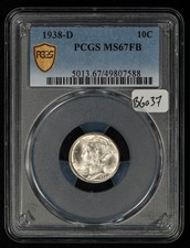 1938-D 10c Silver Mercury Dime - Full Bands - PQ White - PCGS MS 67 FB - B6037