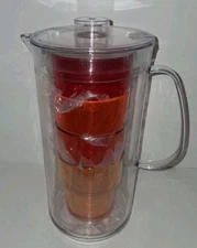 New! 3-Quart Acrylic Pitcher with Stackable Mug Set, Clear/Red Sealed