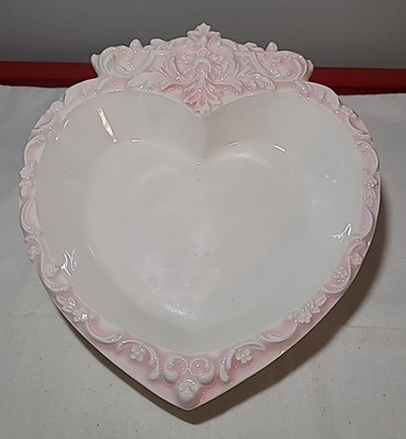 Ceramic Heart Shaped Candy Trinket Dish - Pink Floral Trim Unique