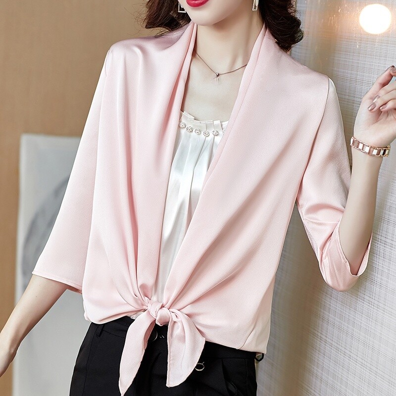 Lady Satin Faux Silk Cardigan Cape Jacket Sleeve Shrug Bolero
