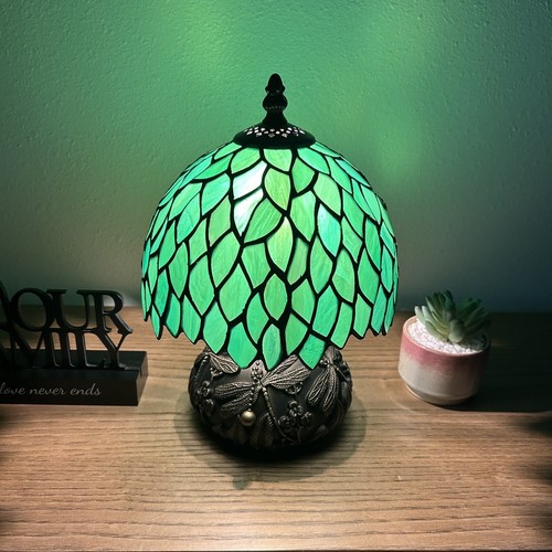 Tiffany Style Mini Table Lamp Green Stained Glass Leaves LED Bulb Include 12”H - Picture 10 of 10