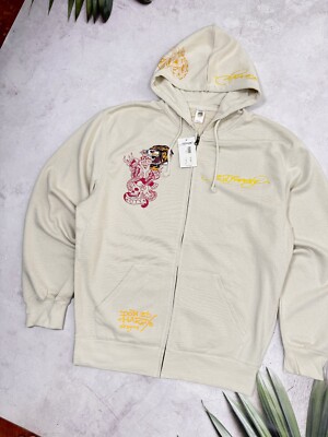 Y2K Ed Hardy Zip Hoodie Christian Audigier Tiger & Skull Beige