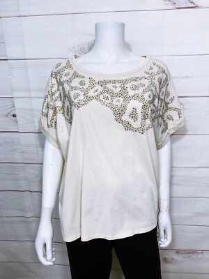 Express Womens T-Shirt Size L Beige Rhinestone Round Neck Short Sleeve Top