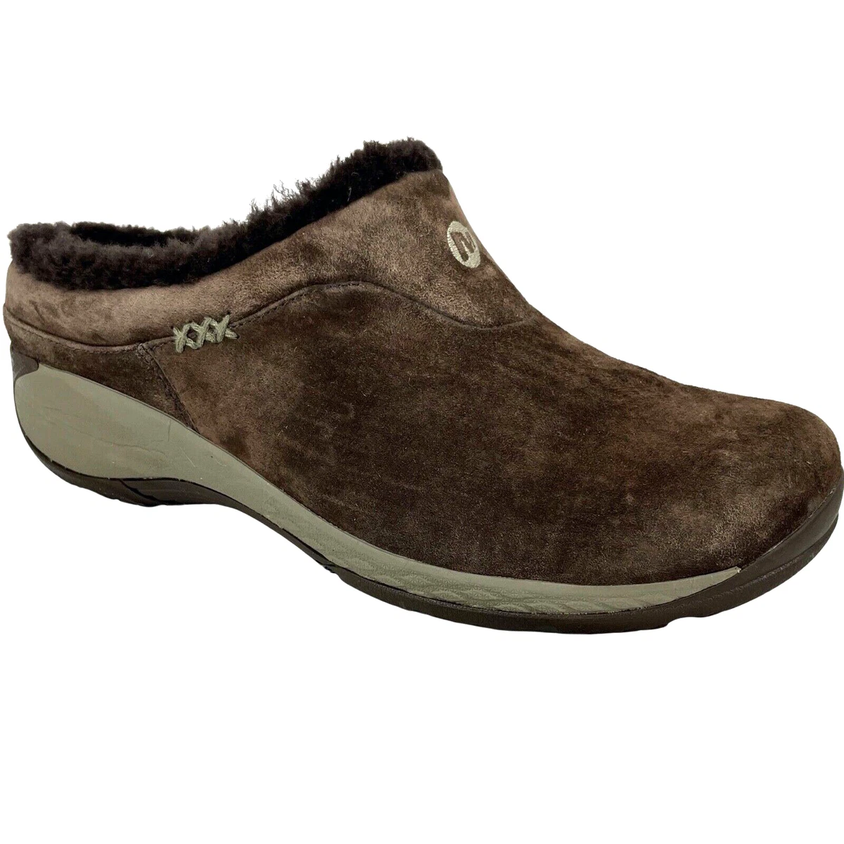 Merrell Select Grip Encore Ice Brown Suede Leather Shearling Mules Shoes 10.5