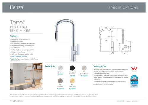 Fienza Tono Pull Out Kitchen Sink Mixer Tap Brushed Nickel 233108BN - Picture 2 of 2