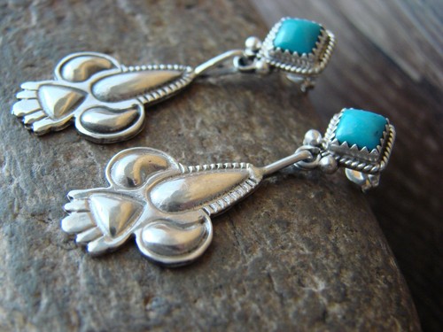 Navajo Indian Hand Stamped Sterling Silver Turquoise Post Earrings by Betone - Picture 4 of 6
