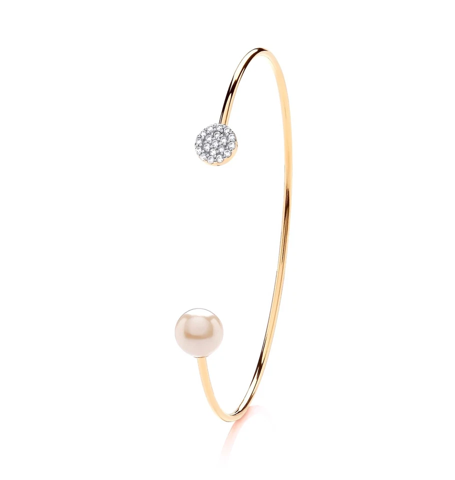 9ct Yellow Gold on Silver Pearl & CZ Ladies SOLID Torque Bangle Bracelet - Image 3 of 4
