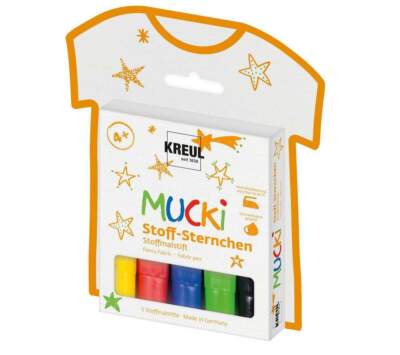 MUCKI Stoff Sternchen, Stoffmalstifte für Kinder, 5 Stifte