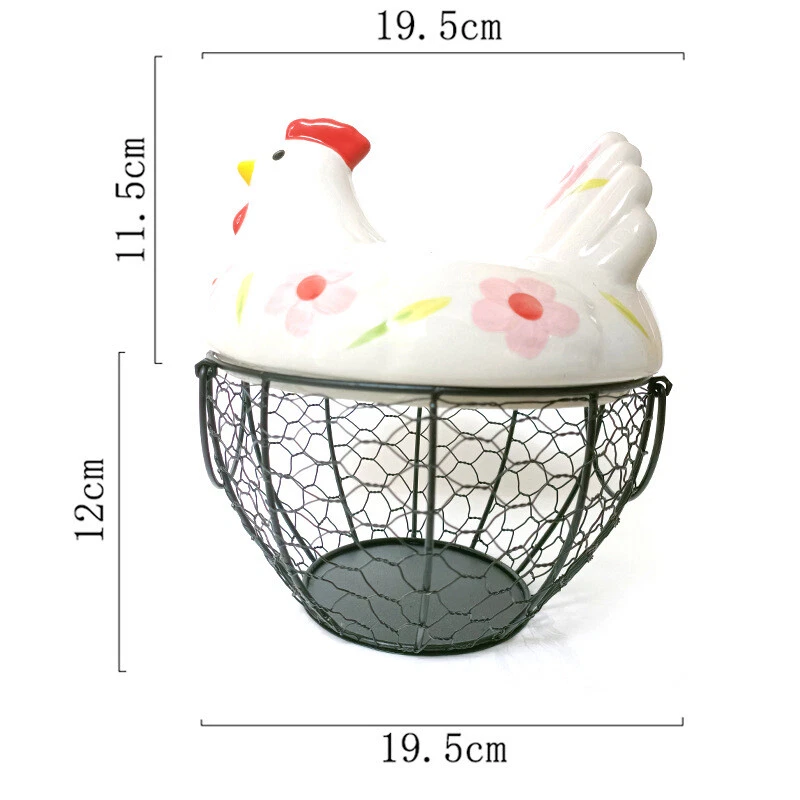 Hot Metal Wire Mesh Egg Storage Basket w/ White Ceramic Chicken Shaped Top Lid - Image 3 of 3