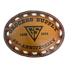 Vintage Grocers Supply Leather Belt Buckle 65th Anniversary Stotts