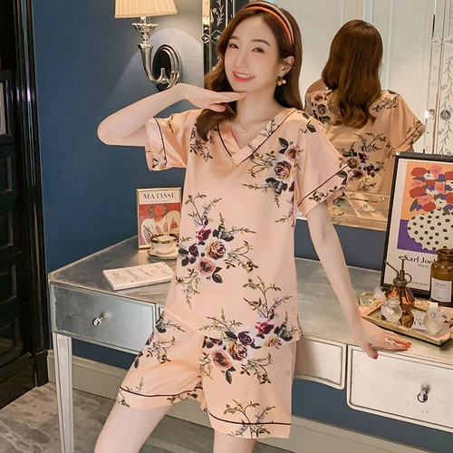 Damen Seide Satin Pyjama Set Kurzarm Nachtwäsche V-Ausschnitt Homewear 2-teilig Pyjama - Bild 22 von 60