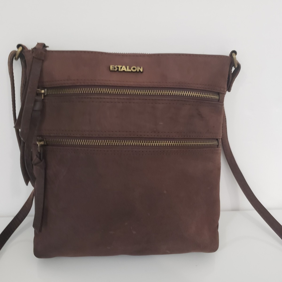 ESTALON 100% Genuine Leather Crossbody Bag Purse Distressed Dark