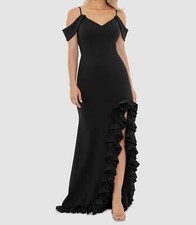 Xscape Women's Black Scuba Crepe Ruffled Cold-Shoulder V-Neck Dress Sz 8
