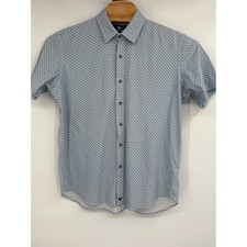 Buttercloth Shirt Mens XL White Blue Dots Button Up Short Sleeve Stretch