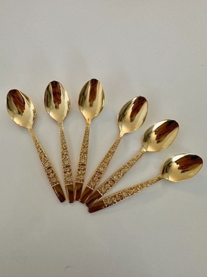 Vintage Gold Floral Teaspoons Set of 6 Marbella Korea Mid Century Flatware