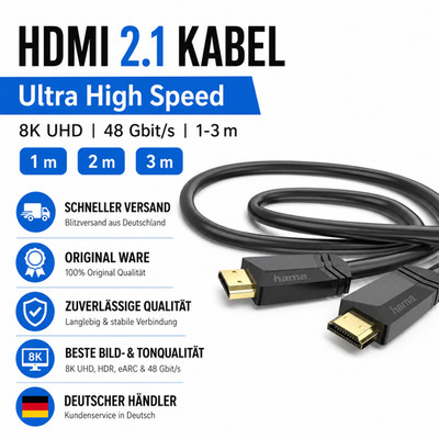   HAMA 2.1 HDMI Kabel 8K UHD 48Gbps Gold   1m 2m 3m TV PS5 XboX Gaming Qualit 