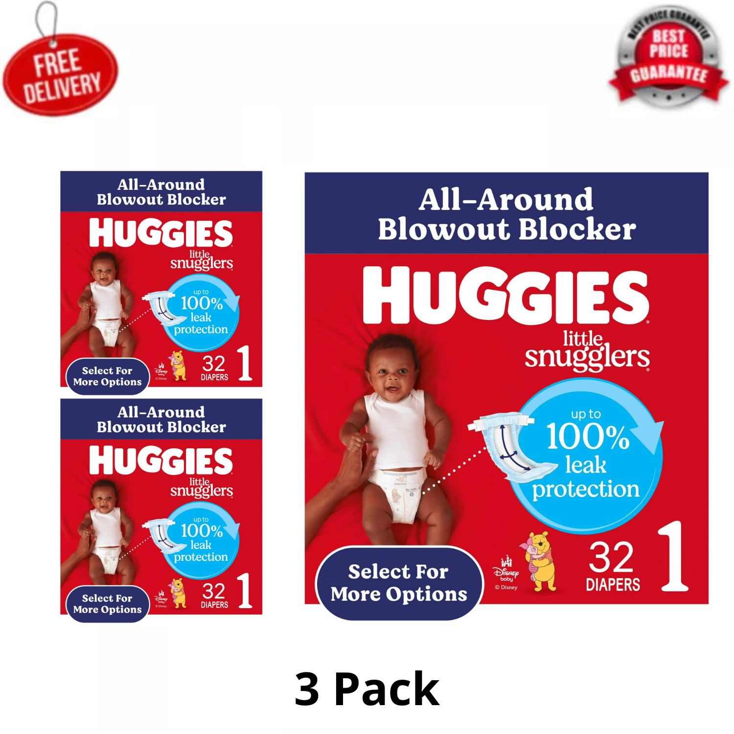 (3 Pack) Huggies Little Snugglers Baby Diapers, Size 1 (8-14