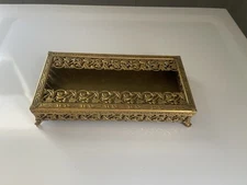 VTG Gold Ornate Tissue Kleenex Box Footed Hollywood Regency Countertop