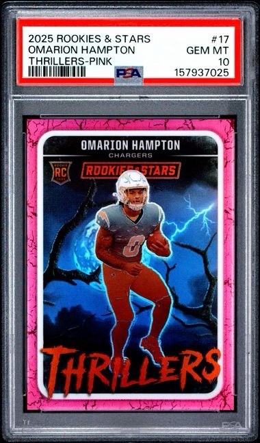 2025 Rookies & Stars Omarion Hampton RC Thrillers Pink Prizm /75 PSA 10 Chargers