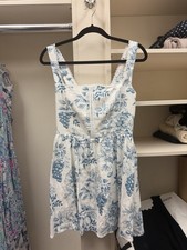 Reformation White/Blue Floral Linen Square Neck Sleeveless Mini Dress Size 8