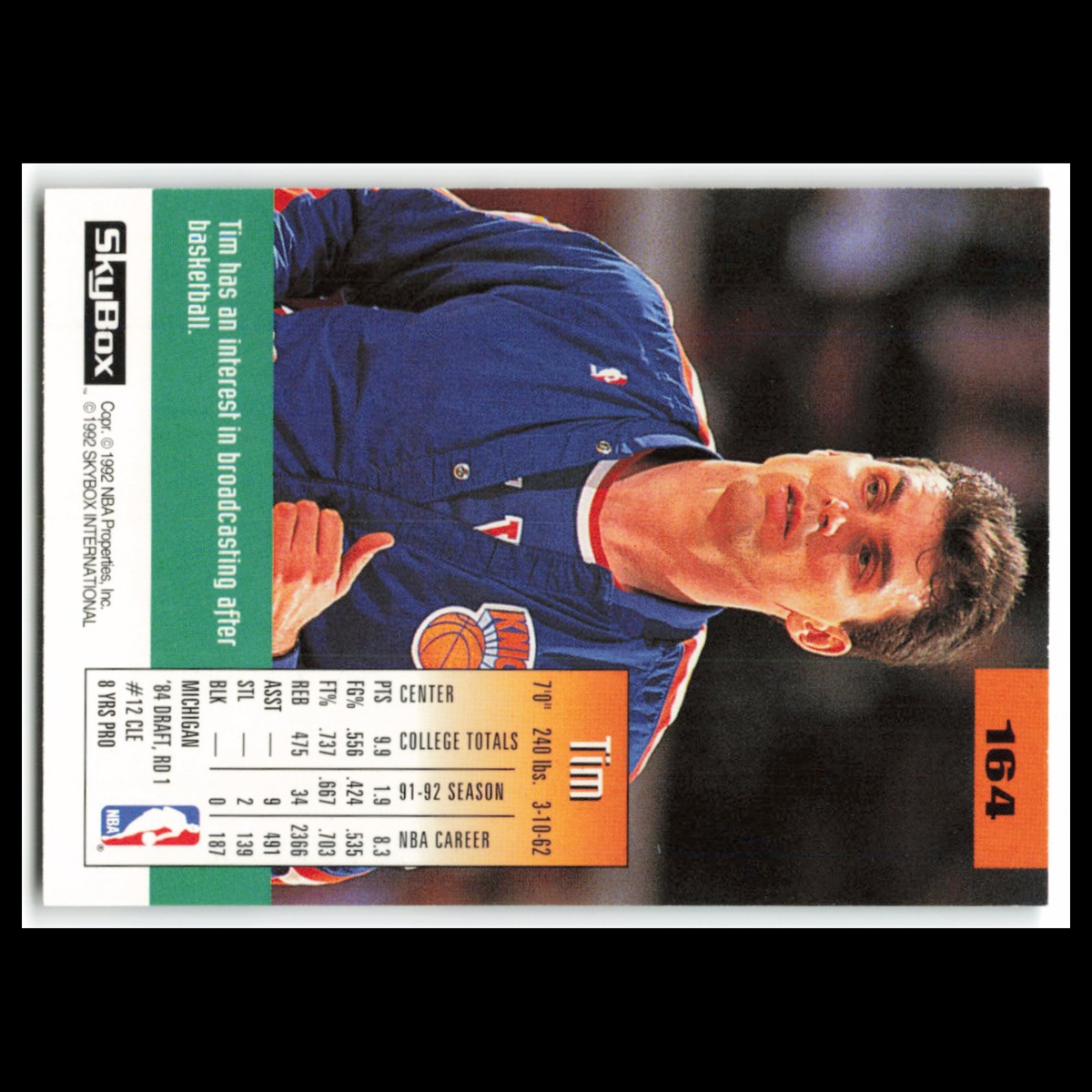 Tim McCormick #164 1992 SkyBox New York Knicks Basketball Card NBA