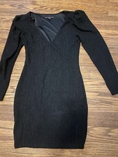 GUESS Navy  Metallic Knit V-Neck Bodycon Long Sleeve Dress Size M