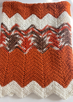 Vintage 70s Retro Groovy Zig Zag Afghan Lap Throw 44x34 Orange Brown Cream