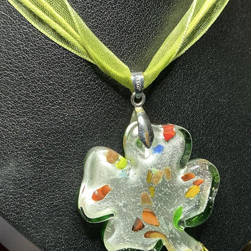 Vintage Murano Style Art Glass Shamrock Pendant Green Cased Glass 18KGP Bail