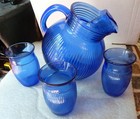 4 Pcs Set Hazel Atlas Fine Rib Cobalt Blue Pitcher & 3 3-3/8" Tumblers — photo 1