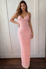 NWT! Windsor Peach Sequin Mesh Long Gown V-Neck Spaghetti Strap Dress Size S