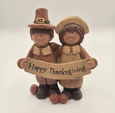 Vintage Blossom Bucket Suzi Skoglund Pilgrim Couple Figurine Happy Thanksgiving